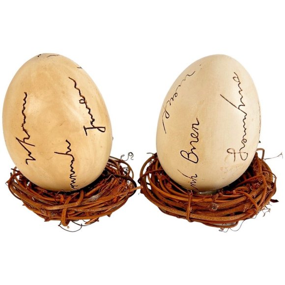 6 Vintage Hand Painted Birds On Ceramic Eggs In Nests Blue Yellow 3 1/4 Inch - Picture 10 of 12